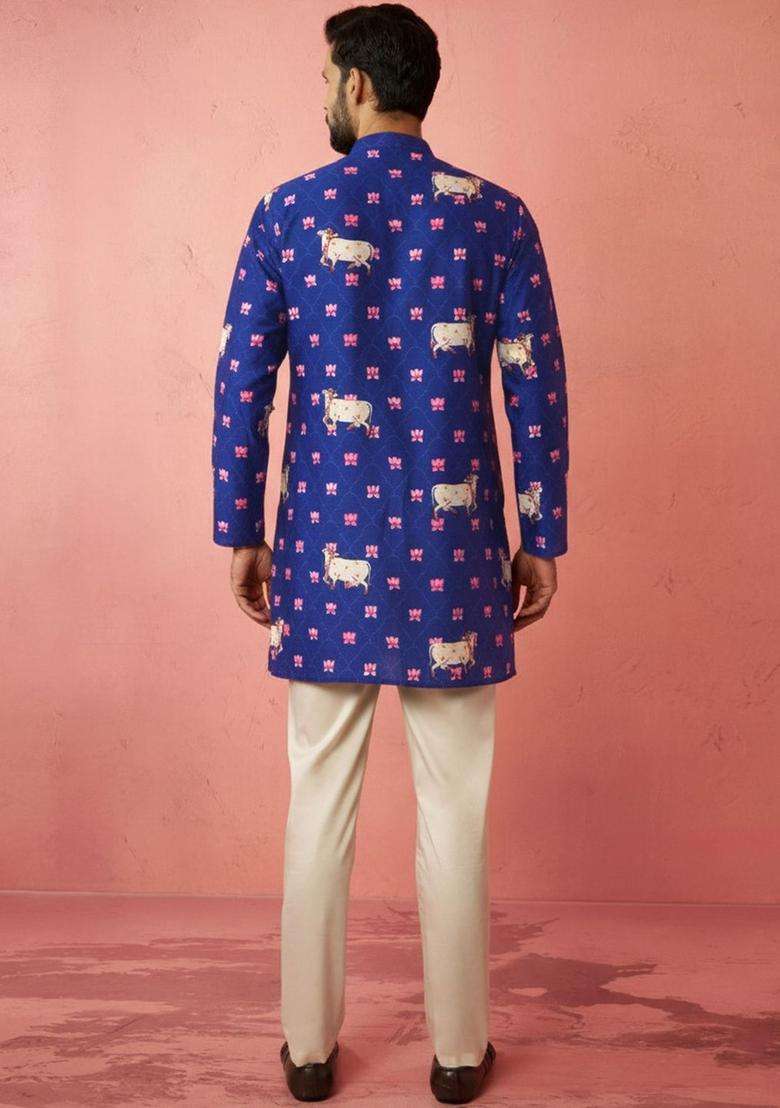 Blue Printed Silk Blend Kurta Set For Men - Indya