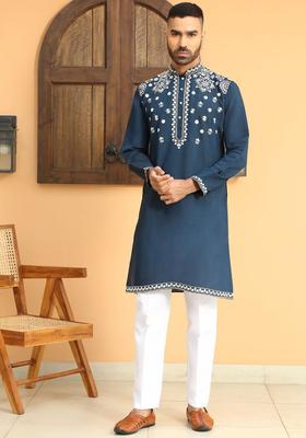 Blue Embroidered Silk Kurta Set For Men