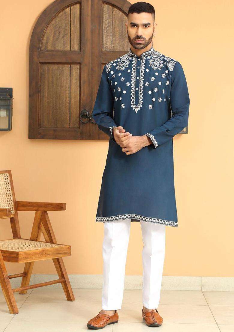 Blue Embroidered Silk Blend Kurta Set For Men - Indya