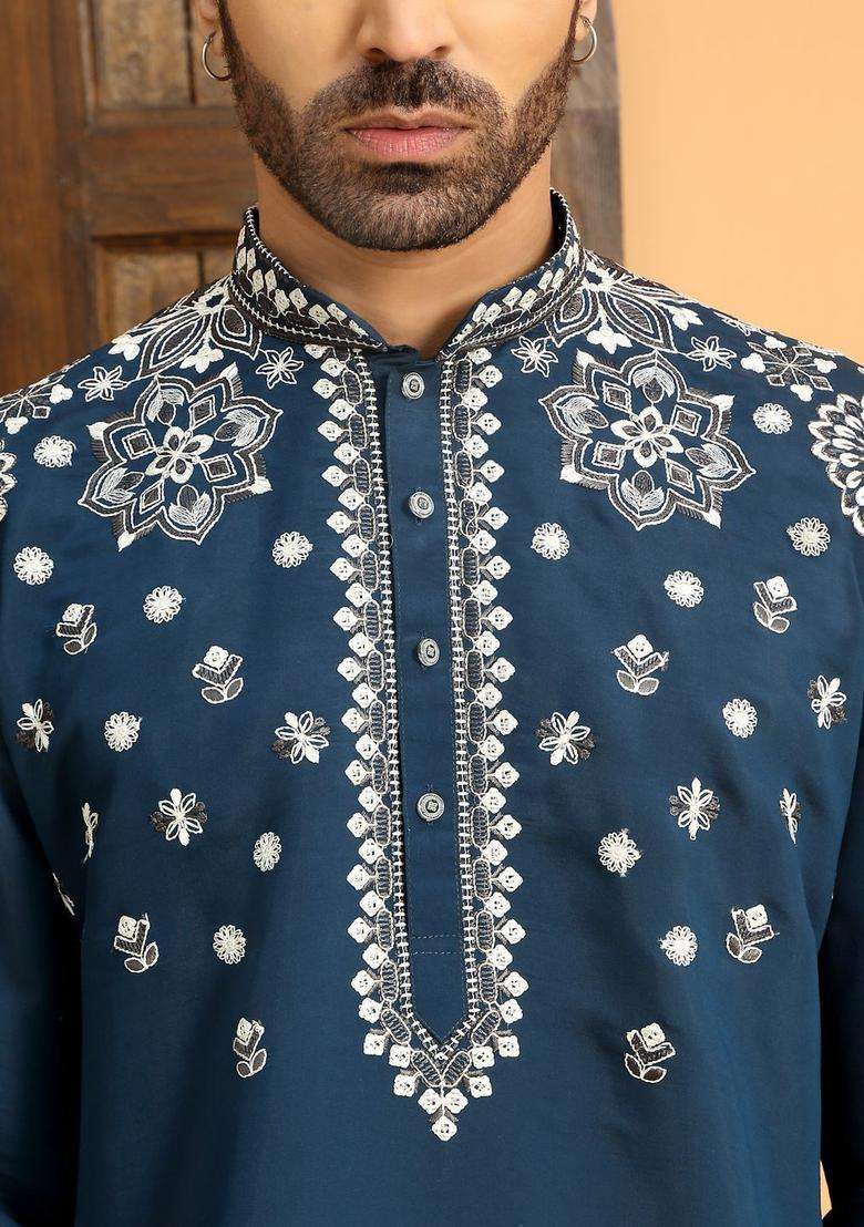 Blue Embroidered Silk Blend Kurta Set For Men - Indya