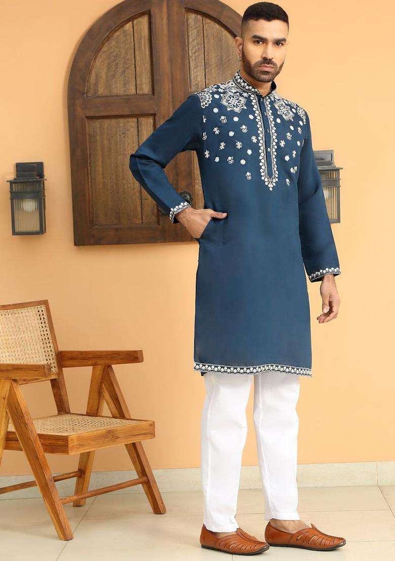 Blue Embroidered Silk Blend Kurta Set For Men - Indya