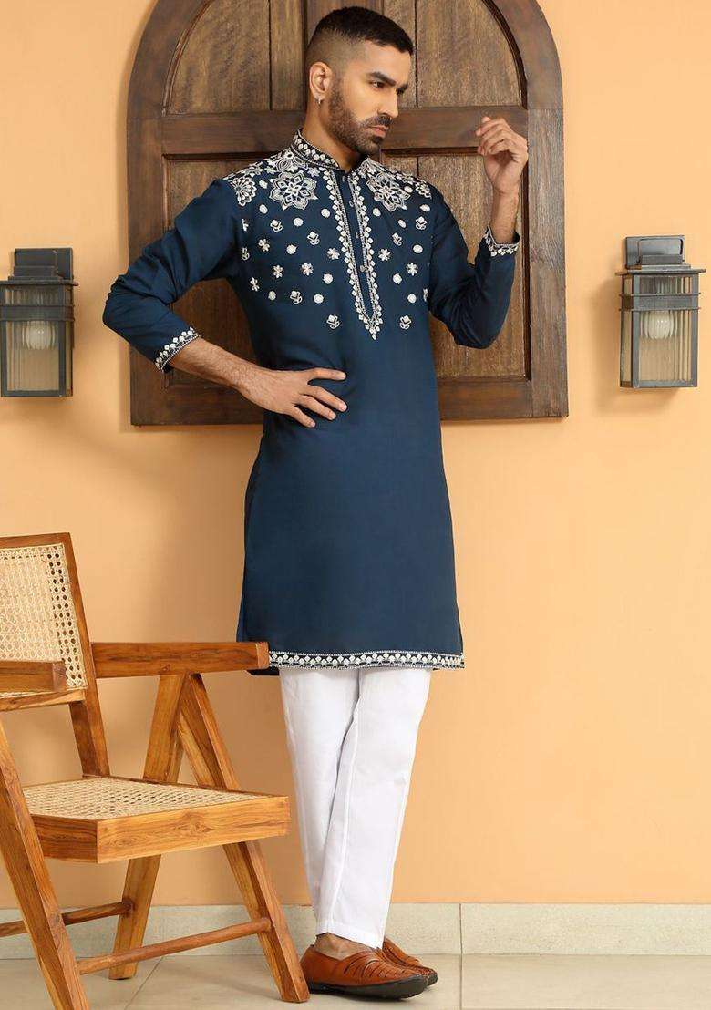 Blue Embroidered Silk Blend Kurta Set For Men - Indya