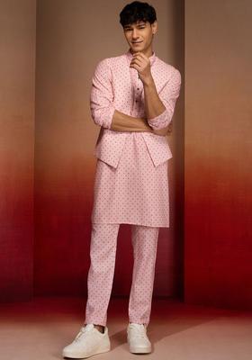Pink Printed Cotton Kurta Set For Men