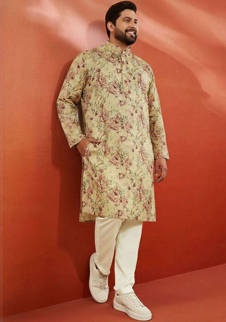 Yellow Printed Silk Blend Kurta Set For Men - Indya
