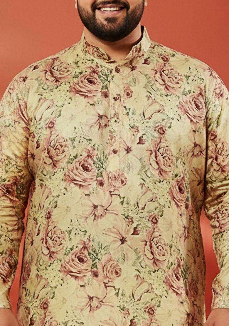 Yellow Printed Silk Blend Kurta Set For Men - Indya