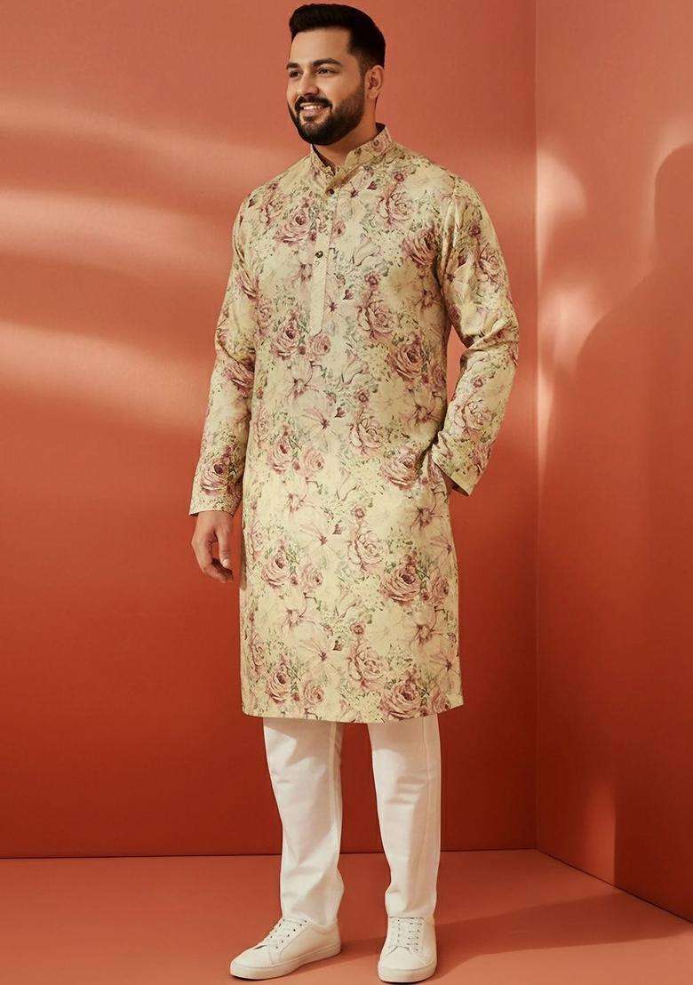 Yellow Printed Silk Blend Kurta Set For Men - Indya