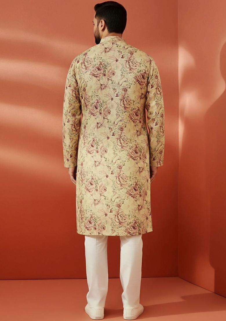 Yellow Printed Silk Blend Kurta Set For Men - Indya