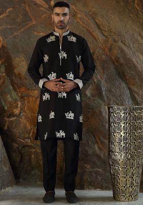 Black Embroidered Silk Kurta Set For Men