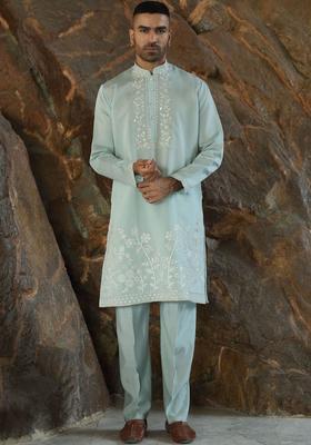 Sea Green Embroidered Silk Kurta Set For Men