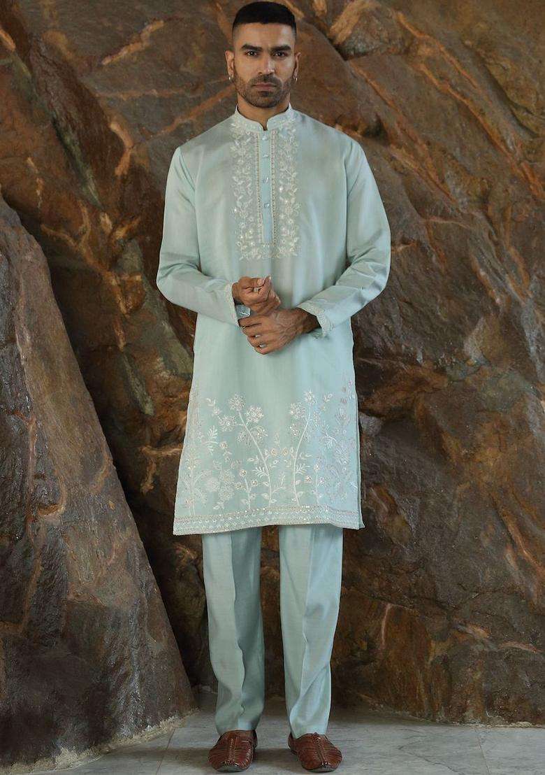 Sea Green Embroidered Silk Kurta Set For Men - Indya