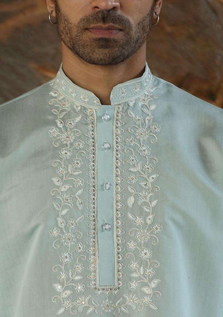 Sea Green Embroidered Silk Kurta Set For Men - Indya