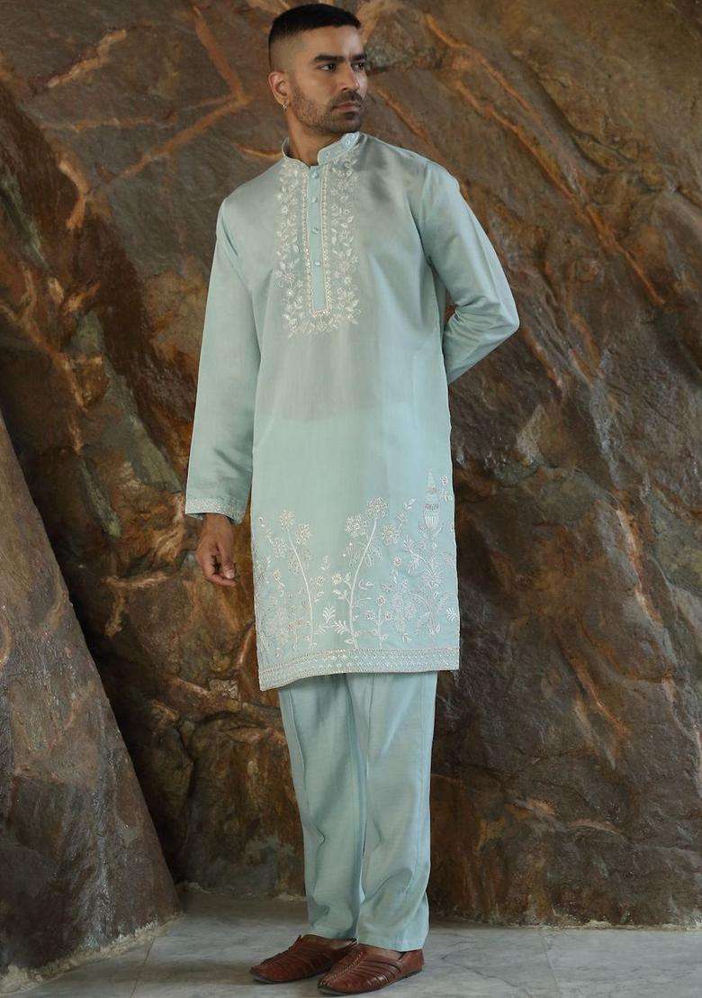 Sea Green Embroidered Silk Kurta Set For Men - Indya