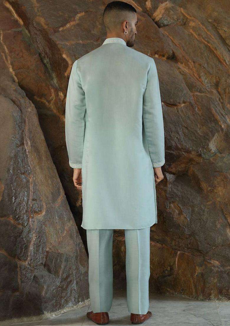 Sea Green Embroidered Silk Kurta Set For Men - Indya