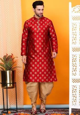 Maroon Woven Design Silk Kurta Set For Men