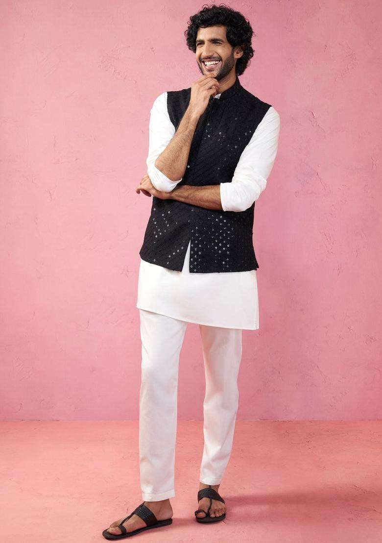 Cream Solid Satin Kurta Set For Men - Indya