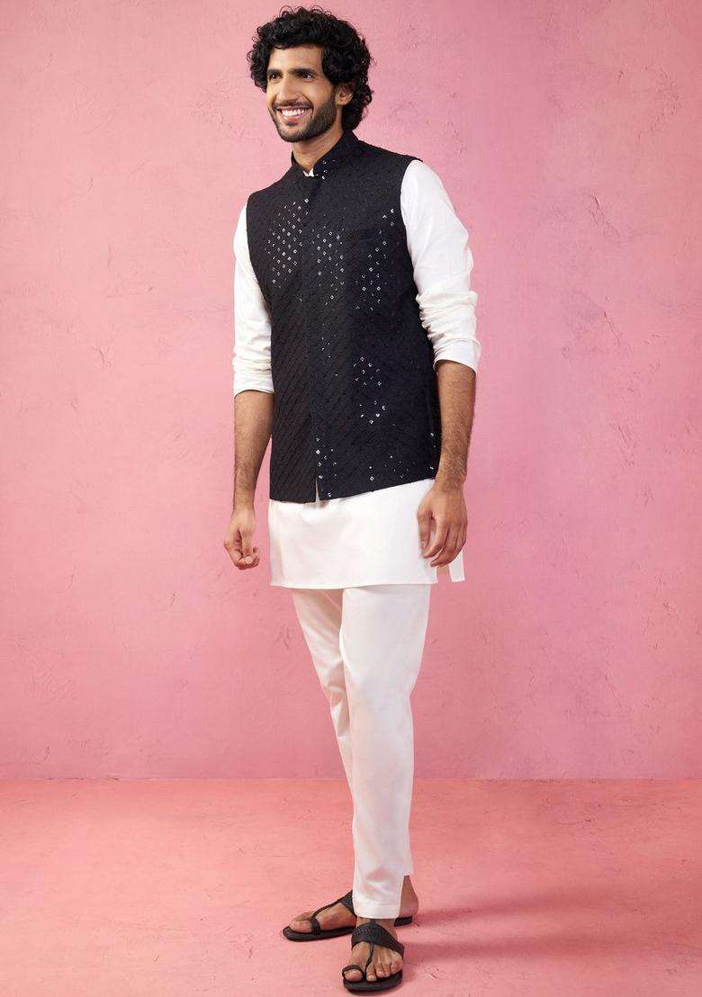 Cream Solid Satin Kurta Set For Men - Indya