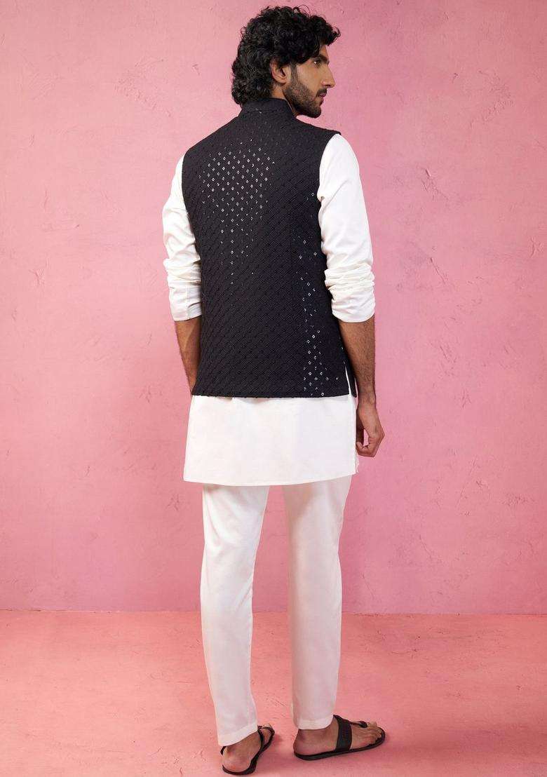 Cream Solid Satin Kurta Set For Men - Indya