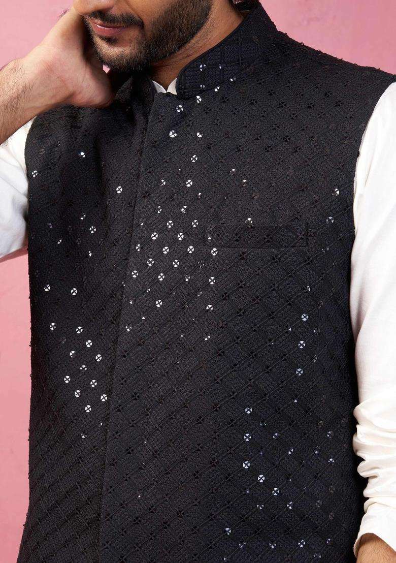 Cream Solid Satin Kurta Set For Men - Indya