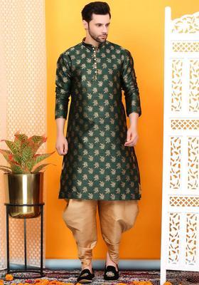 Green Woven Design Silk Kurta Set For Men