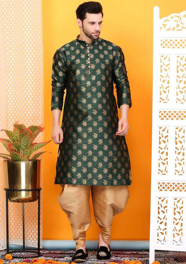Green Woven Design Silk Blend Kurta Set For Men - Indya