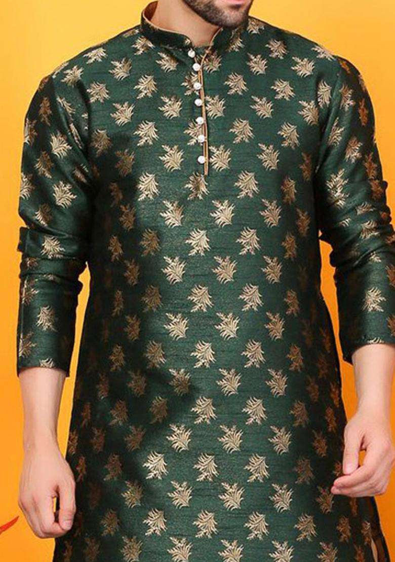Green Woven Design Silk Blend Kurta Set For Men - Indya