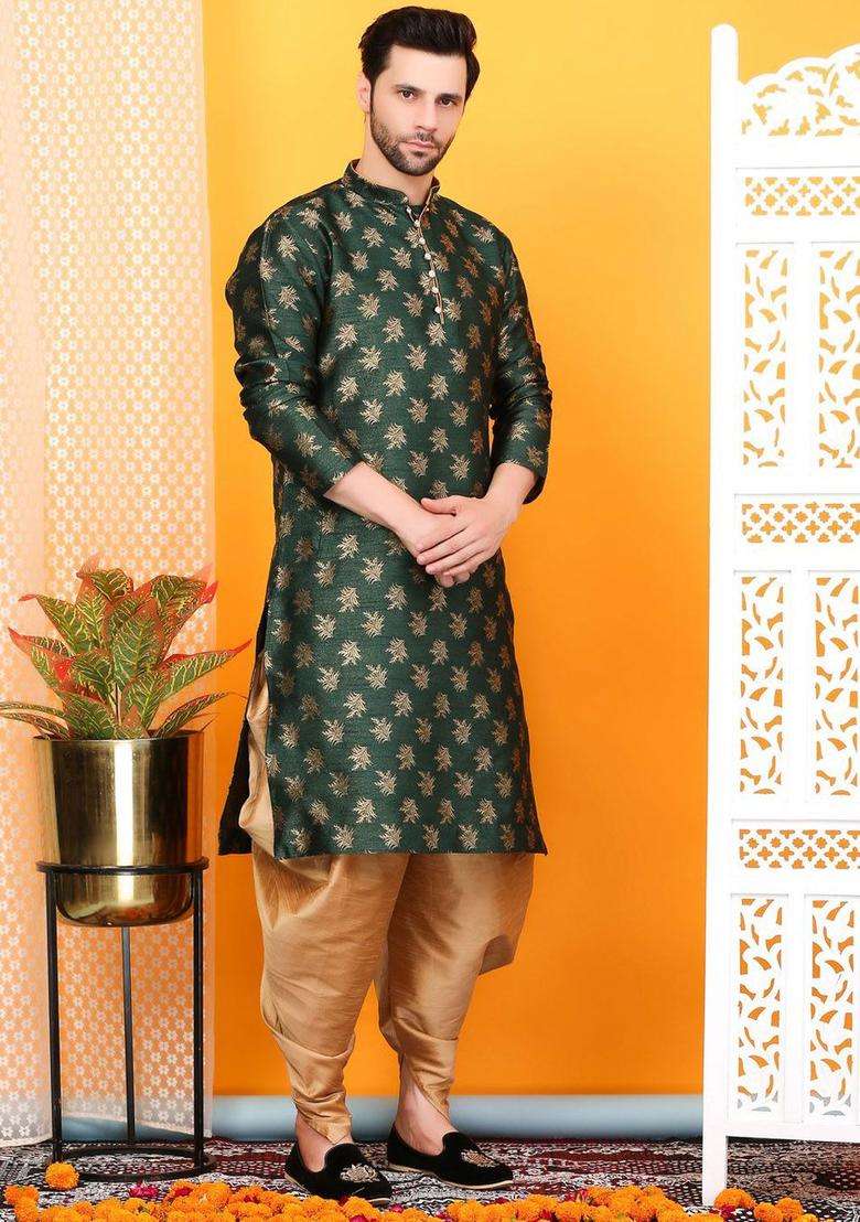 Green Woven Design Silk Blend Kurta Set For Men - Indya