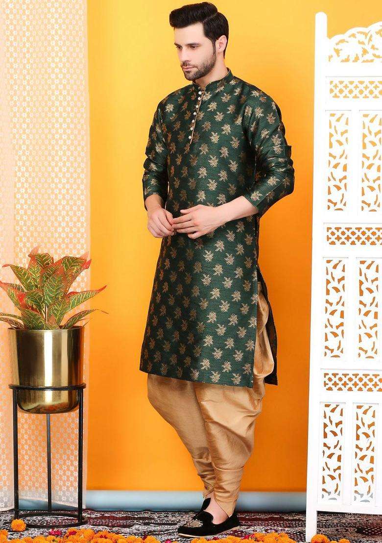 Green Woven Design Silk Blend Kurta Set For Men - Indya
