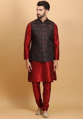 Maroon Self Design Silk Kurta Set For Men