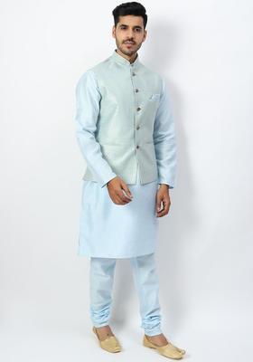 Turquoise Blue Solid Silk Kurta Set For Men