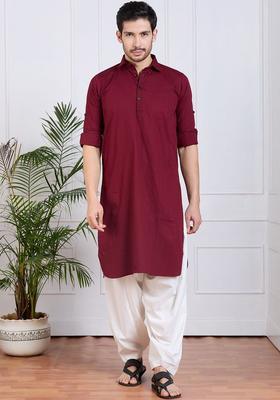 Maroon Self Design Cotton Kurta Set For Men