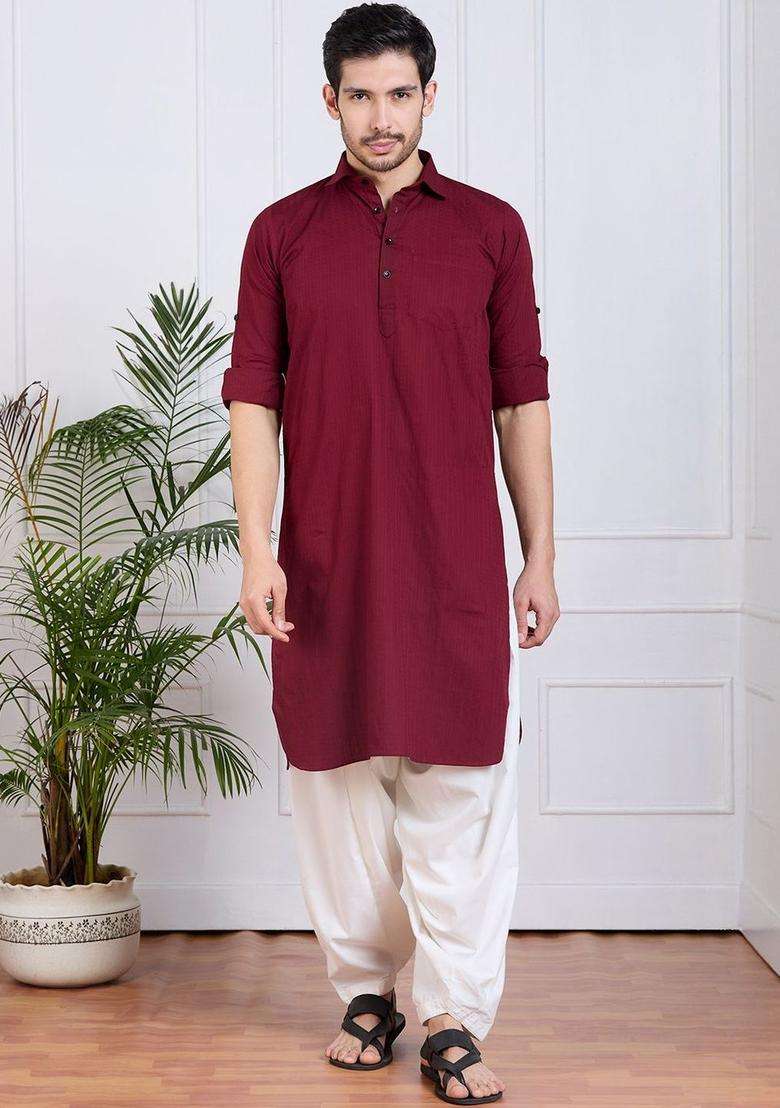 Maroon Self Design Cotton Kurta Set For Men - Indya
