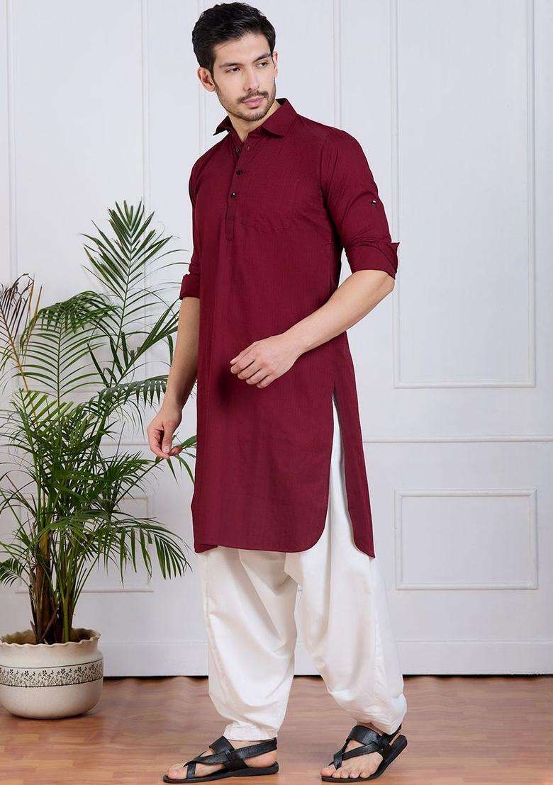 Maroon Self Design Cotton Kurta Set For Men - Indya