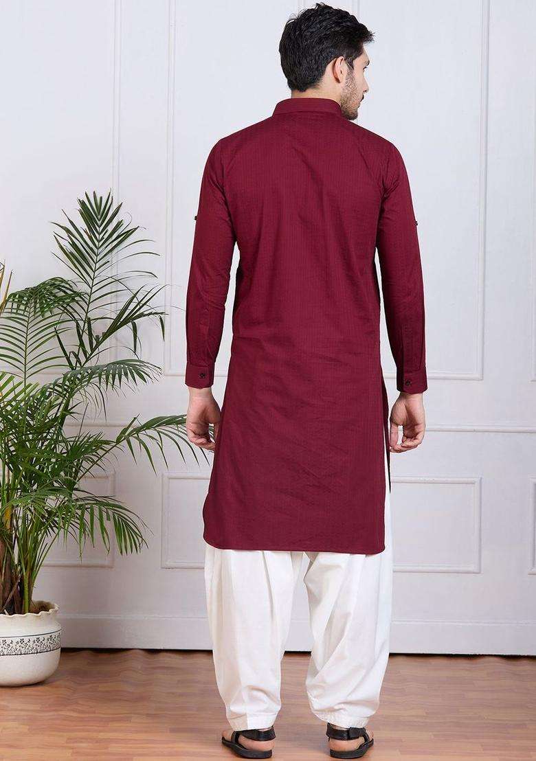 Maroon Self Design Cotton Kurta Set For Men - Indya