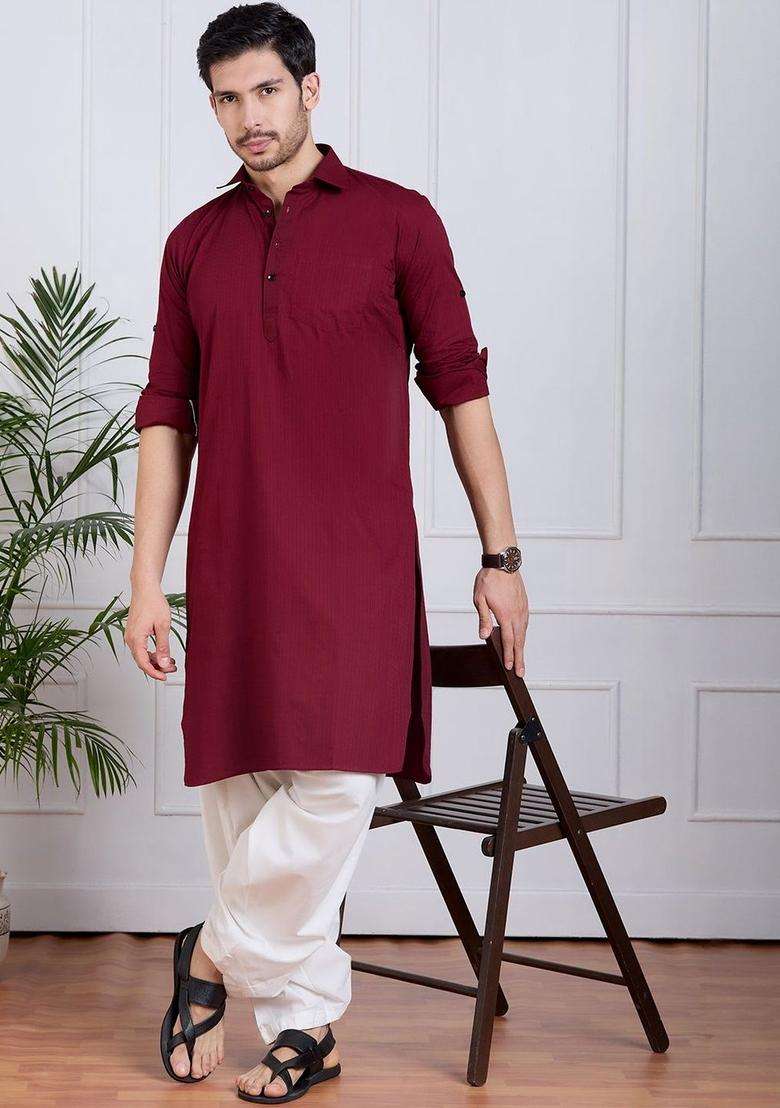 Maroon Self Design Cotton Kurta Set For Men - Indya