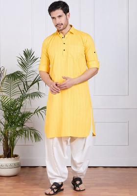 Yellow Self Design Cotton Kurta Set For Men