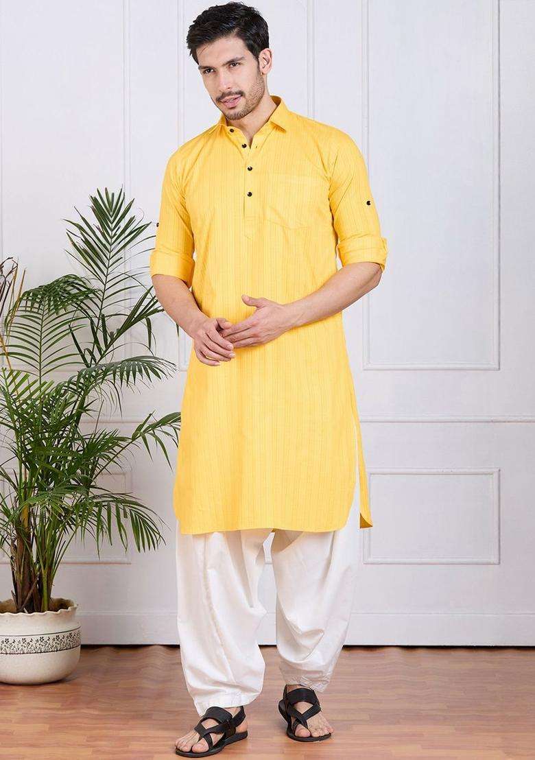 Yellow Self Design Cotton Kurta Set For Men - Indya