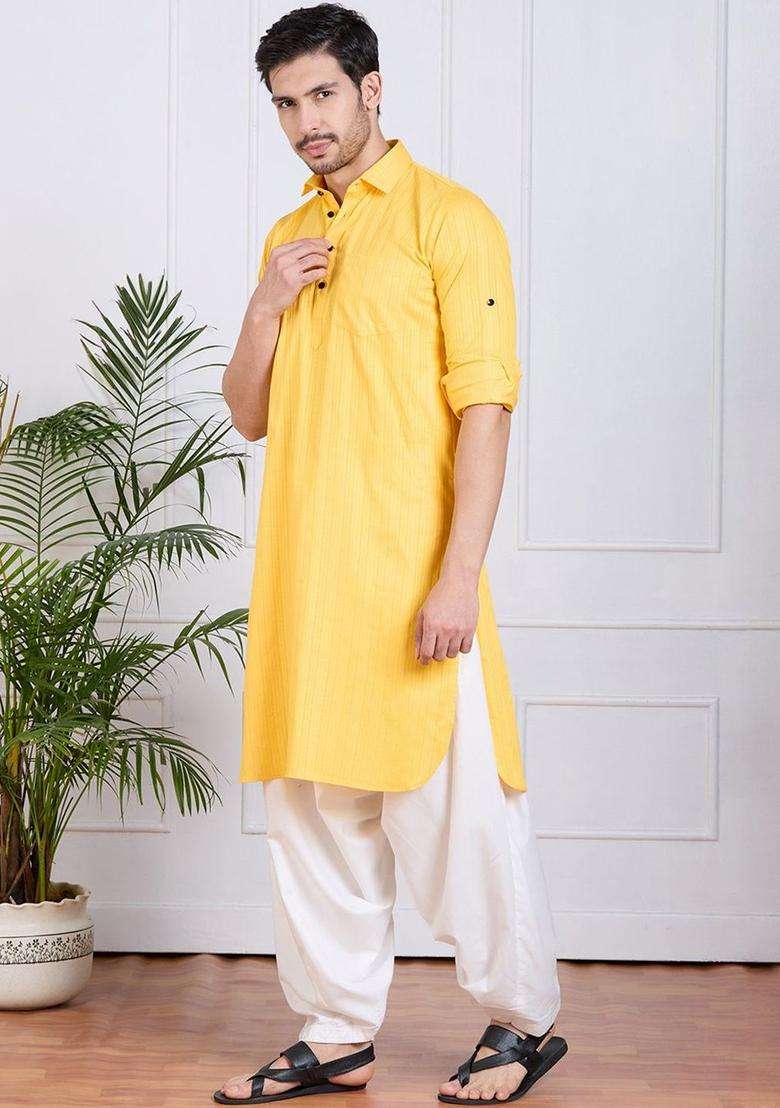 Yellow Self Design Cotton Kurta Set For Men - Indya