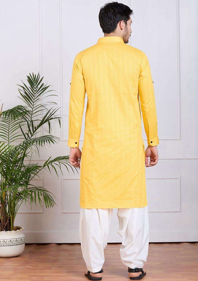 Yellow Self Design Cotton Kurta Set For Men - Indya