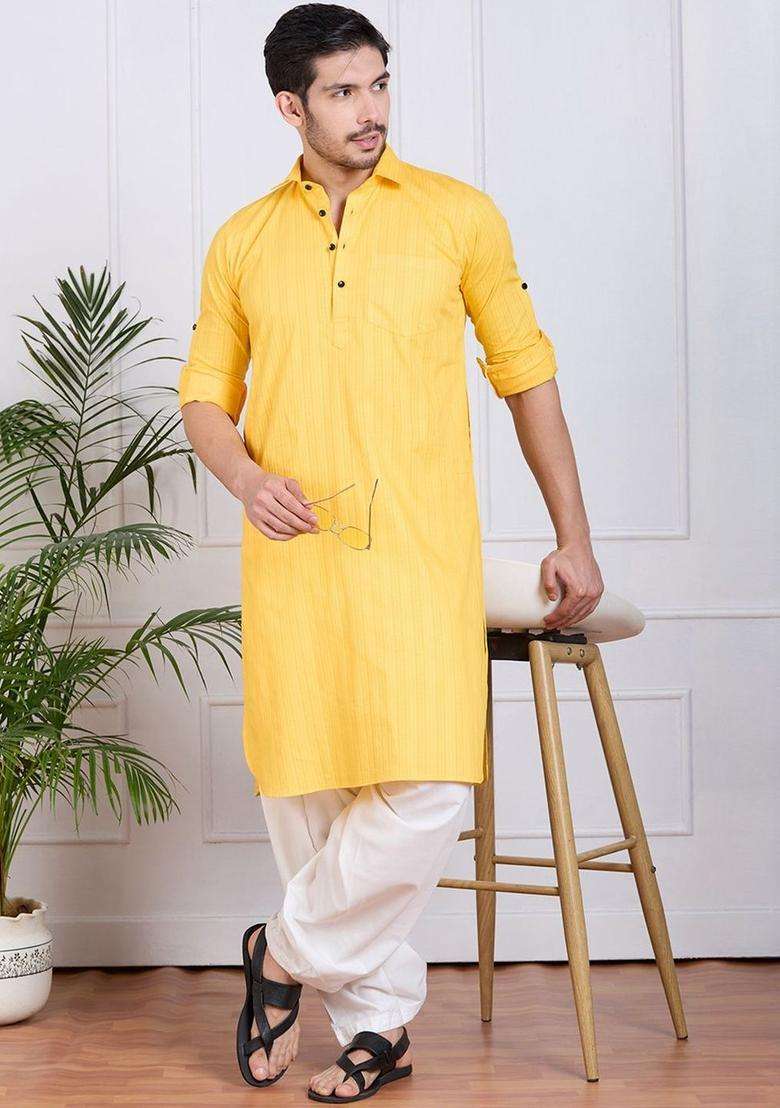Yellow Self Design Cotton Kurta Set For Men - Indya