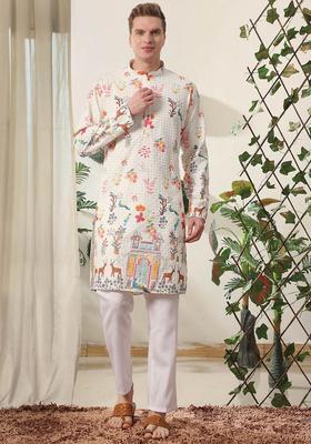 White Printed Cotton Kurta Set For Men
