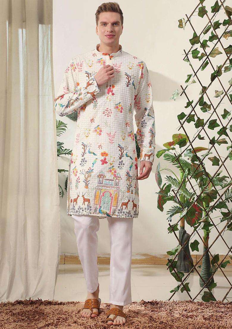 White Printed Cotton Kurta Set For Men - Indya