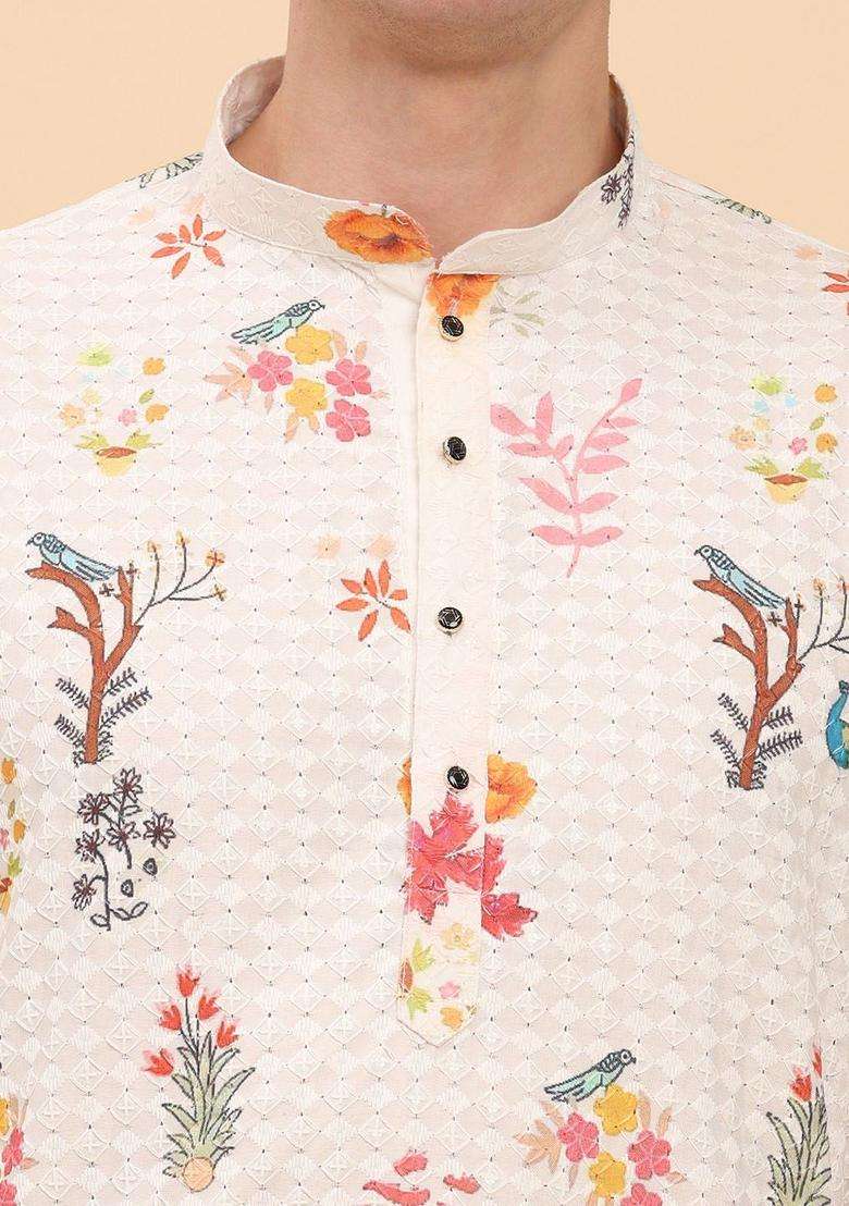 White Printed Cotton Kurta Set For Men - Indya