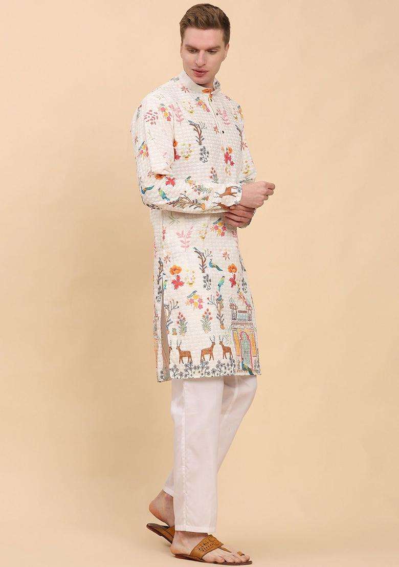 White Printed Cotton Kurta Set For Men - Indya