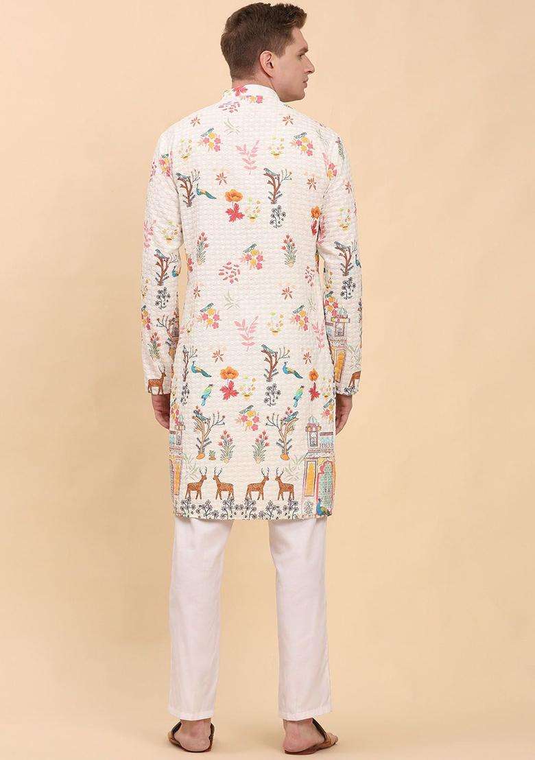 White Printed Cotton Kurta Set For Men - Indya