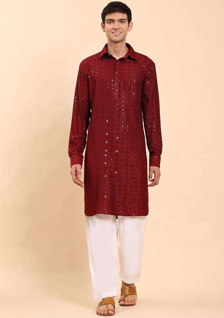 Maroon Self Design Viscose Kurta Set For Men - Indya