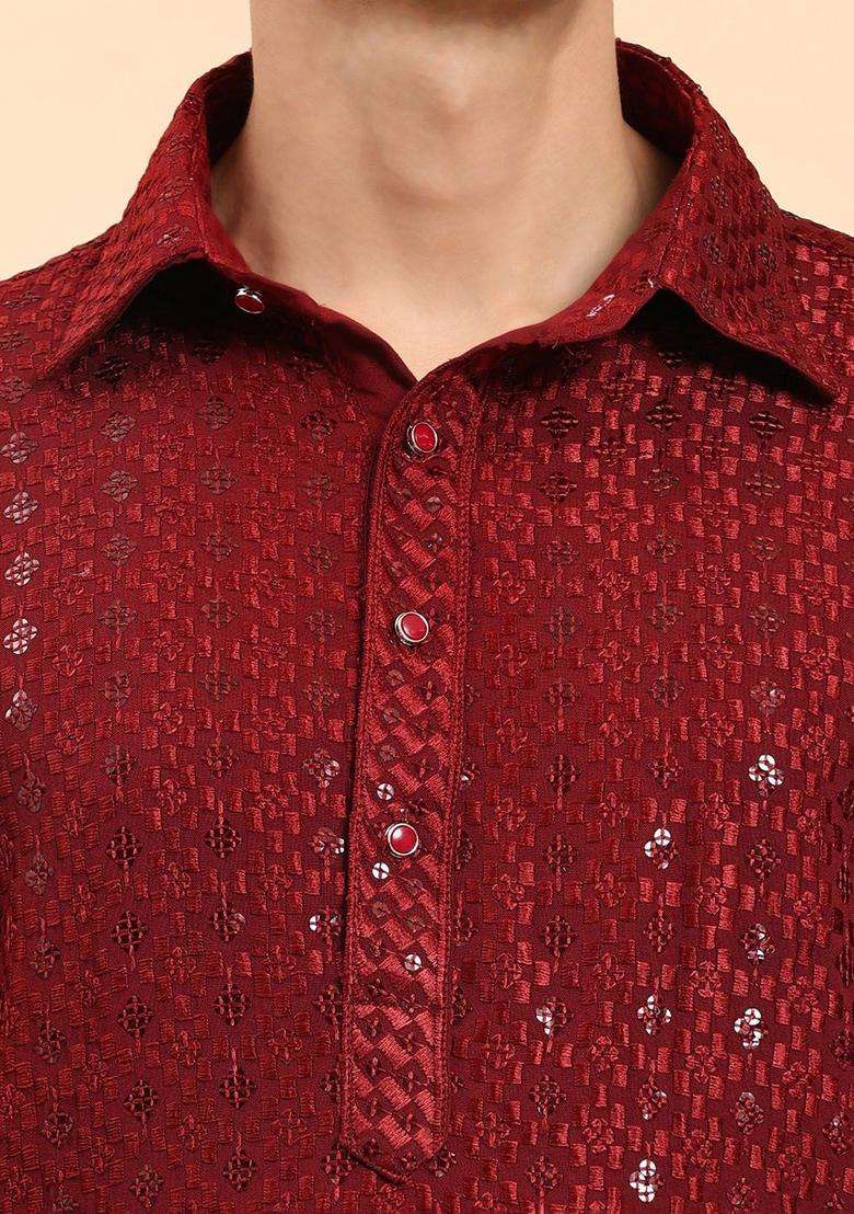Maroon Self Design Viscose Kurta Set For Men - Indya