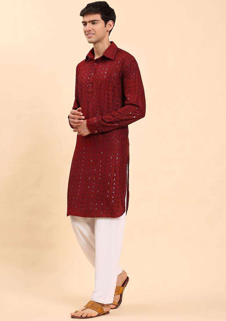 Maroon Self Design Viscose Kurta Set For Men - Indya