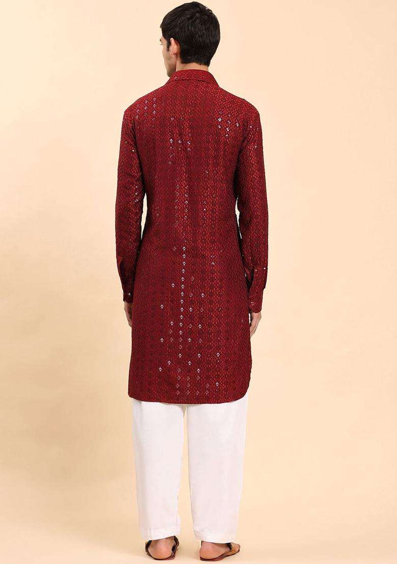 Maroon Self Design Viscose Kurta Set For Men - Indya