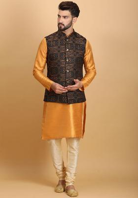Mustard Self Design Silk Kurta Set For Men