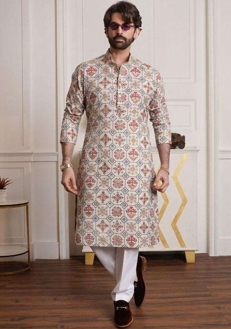 Off White Printed Cotton Kurta Set For Men - Indya